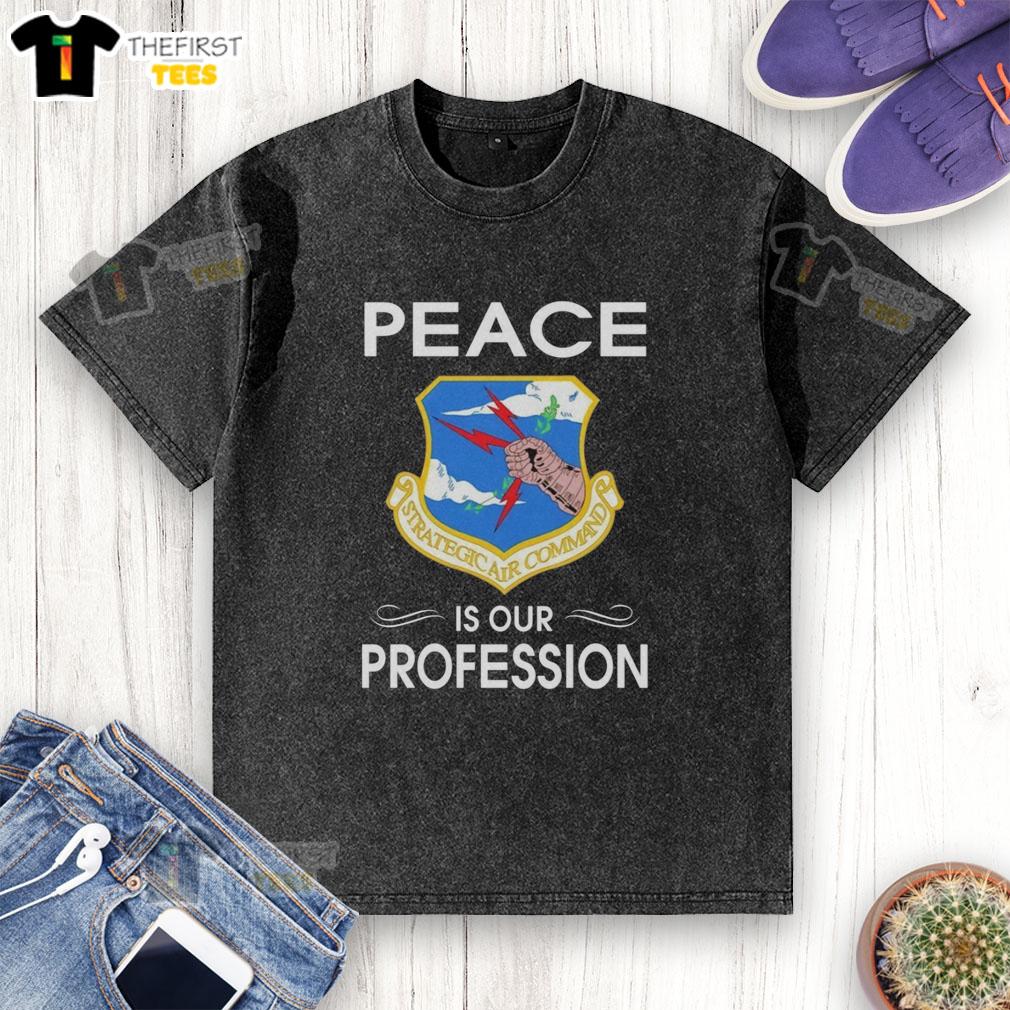 pretty-peace-is-our-profession-strategic-air-command-logo-washed-t-shirt Pretty Peace Is Our Profession logo on a washed t-shirt from Strategic Air Command, stylish and casual wear.