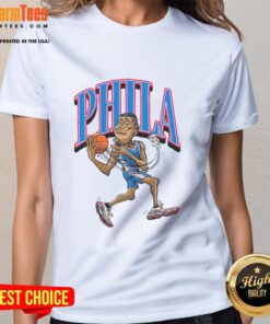 Alt Text: Caricature of a Philadelphia 76ers basketball player on a stylish ladies tee, perfect for fans and fashion lovers.