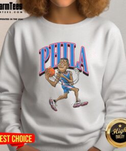 Colorful caricature of a Philadelphia 76ers basketball player on a stylish sweatshirt, perfect for fans and sports lovers.