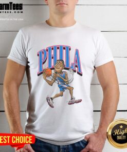 Caricature of a Philadelphia 76ers basketball player on a stylish T-shirt, perfect for fans and collectors.