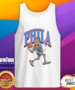 Caricature of a Philadelphia 76ers basketball player wearing a stylish tank top, showcasing vibrant team colors and dynamic pose.
