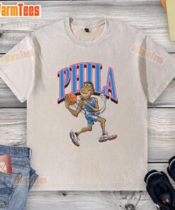 Colorful caricature of a Philadelphia 76ers basketball player on a washed t-shirt, perfect for sports fans.