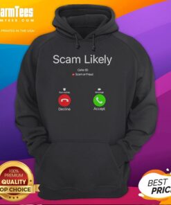Stylish hoodie featuring 'Scam Likely Caller ID' graphic, perfect for raising awareness about phone scams and fraud.