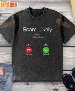 Stylish 'Scam Likely' Caller ID t-shirt design highlighting phone scam awareness and fraud prevention themes.