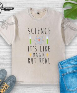 Alt Text: Pretty Science 'It's Like Magic But Real' washed t-shirt featuring colorful graphics and a trendy design.