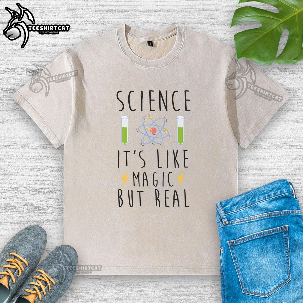 pretty-science-its-like-magic-but-real-washed-t-shirt Alt Text: Pretty Science 'It's Like Magic But Real' washed t-shirt featuring colorful graphics and a trendy design.