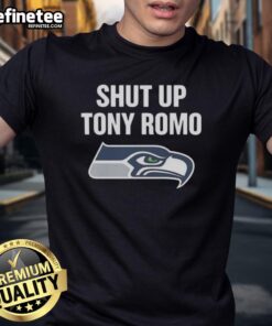 Alt Text: Pretty Shut Up Tony Romo Seahawks Logo T-Shirt featuring a bold Seahawks design, perfect for fans and collectors.