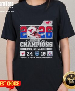 SMU Mustangs beat Arizona Wildcats at the 2026 Holiday Bowl, featured on a stylish ladies' tee for fans.