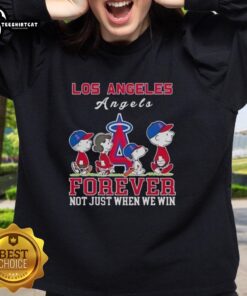 Pretty Snoopy and Charlie Brown sweatshirt for Los Angeles Angels baseball fans, celebrating love for the game.