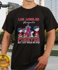 Alt Text: Pretty Snoopy and Charlie Brown Los Angeles Angels Baseball Forever t-shirt design, perfect for fans celebrating every game.