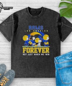 Pretty Snoopy and Charlie Brown Los Angeles Rams Forever T-Shirt showcasing team spirit and playful design.