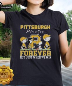 Pretty Snoopy and Charlie Brown graphic on a Pittsburgh Pirates baseball tee for ladies, celebrating fandom forever.