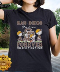 Alt Text: Pretty Snoopy and Charlie Brown San Diego Padres Baseball tee for ladies - Forever, not just when we win.