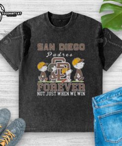 Pretty Snoopy and Charlie Brown San Diego Padres baseball t-shirt design: 'Forever, Not Just When We Win' in vibrant colors.
