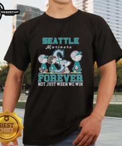 Alt Text: Pretty Snoopy and Charlie Brown wearing Seattle Mariners baseball t-shirt, celebrating fandom not just when they win.