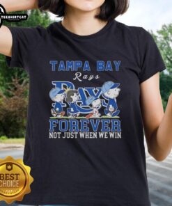 Pretty Snoopy and Charlie Brown Tampa Bay Rays Forever tee for ladies, showcasing team spirit and playful design.