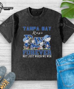 Alt Text: Pretty Snoopy and Charlie Brown Tampa Bay Rays Forever t-shirt showcasing team spirit for all seasons.