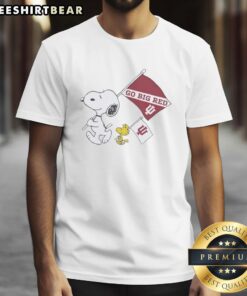 Alt Text: Pretty Snoopy and Woodstock wearing Indiana Hoosiers flag T-shirt celebrating National Champions 2025 - Go Big Red!