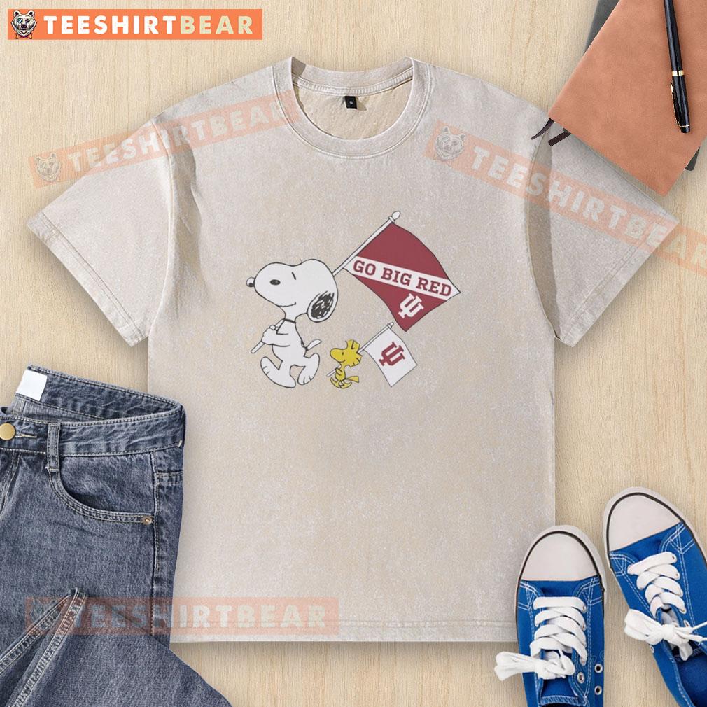 pretty-snoopy-and-woodstock-holding-indiana-hoosiers-flag-national-champions-2025-go-big-red-washed-t-shirt Alt Text: Pretty Snoopy and Woodstock holding Indiana Hoosiers flag on a National Champions 2025 Go Big Red washed t-shirt.