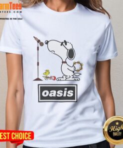 Pretty Snoopy and Woodstock parodying Oasis on a ladies tee, featuring vibrant colors and playful design.