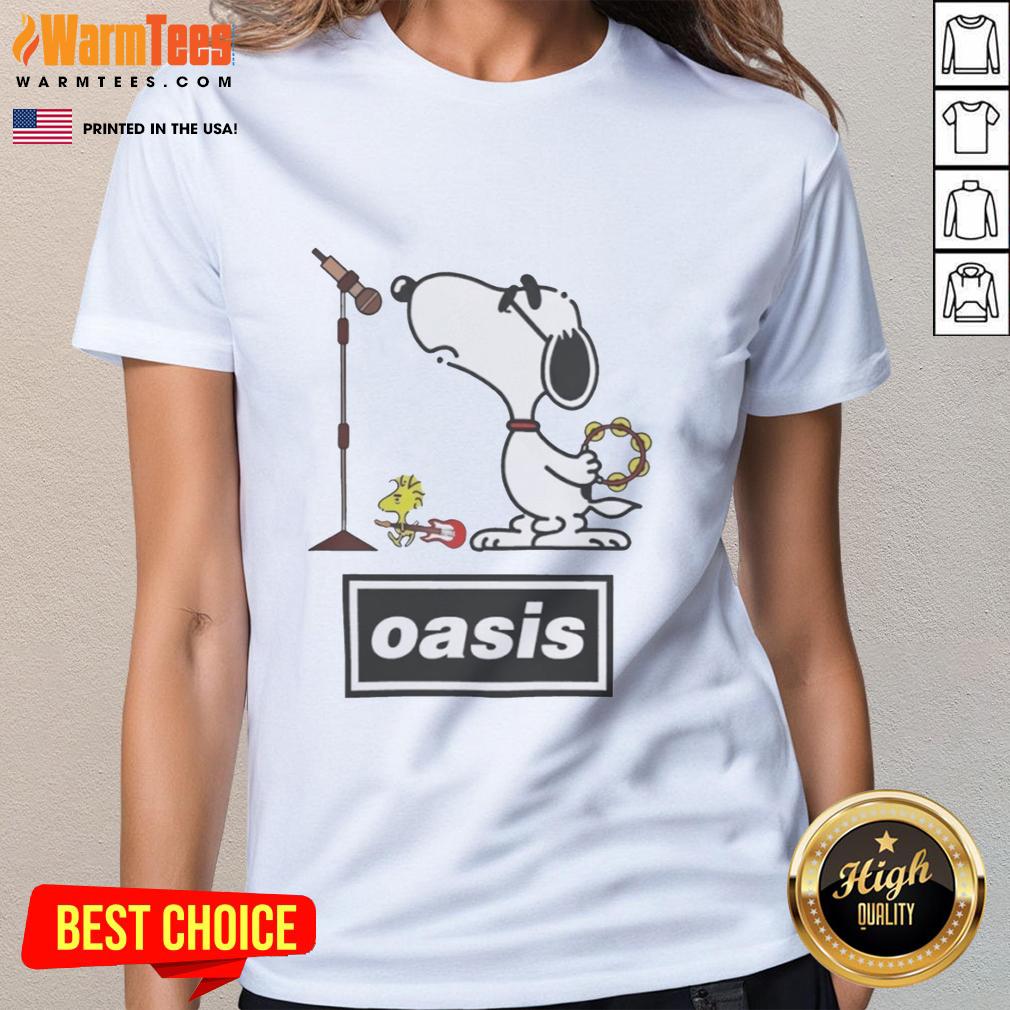pretty-snoopy-and-woodstock-oasis-band-parody-ladies-tee Pretty Snoopy and Woodstock parodying Oasis on a ladies tee, featuring vibrant colors and playful design.