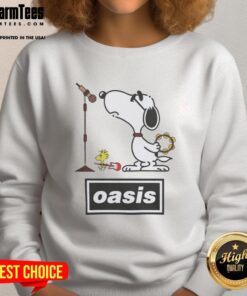 Alt Text: Pretty Snoopy and Woodstock Oasis band parody sweatshirt featuring colorful graphics and cozy design.