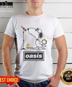 Alt Text: Pretty Snoopy and Woodstock Oasis band parody T-shirt featuring colorful graphics and a playful design.