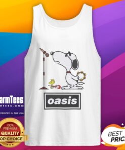 Pretty Snoopy and Woodstock Oasis Band parody tank top featuring colorful graphics and playful design for fans.