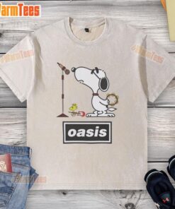 Pretty Snoopy and Woodstock Oasis band parody washed t-shirt featuring colorful graphics of the beloved cartoon characters.