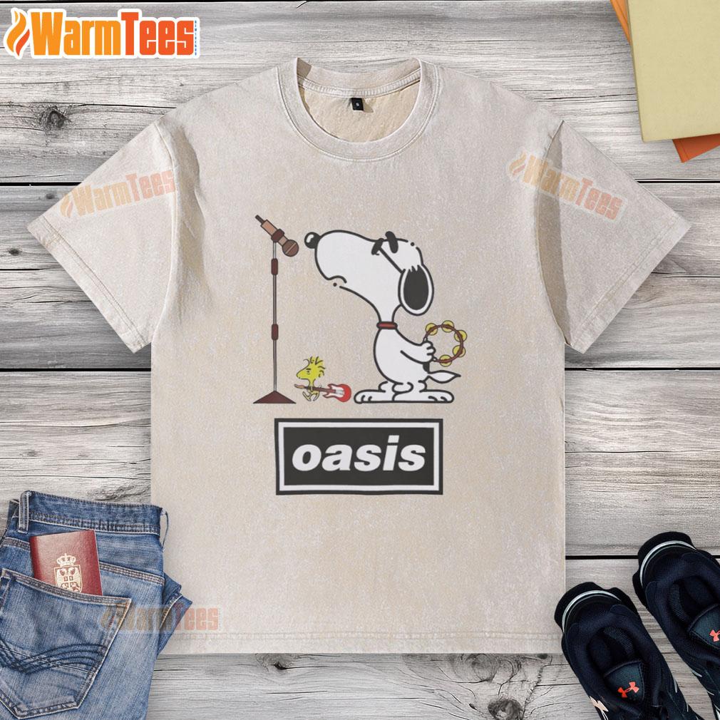 pretty-snoopy-and-woodstock-oasis-band-parody-washed-t-shirt Pretty Snoopy and Woodstock Oasis band parody washed t-shirt featuring colorful graphics of the beloved cartoon characters.