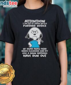 Pretty Snoopy graphic tee with 'Further Notice: My Stupid People Filter Needs Cleaning' quote. Fun ladies' shirt design.