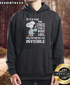 Pretty Snoopy hoodie design featuring a humorous take on stress and weight loss, perfect for casual wear and fans.