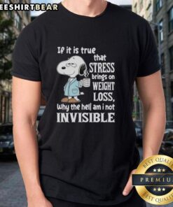 Funny 'Pretty Snoopy' T-shirt with stress and weight loss quote, perfect for casual wear and fans of Snoopy humor.