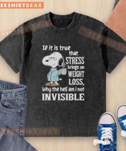 Pretty Snoopy graphic on a washed T-shirt questioning stress and weight loss, perfect for casual wear.
