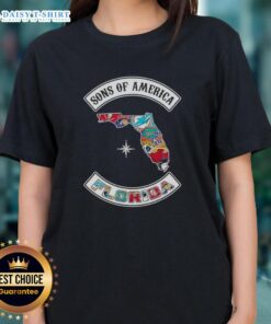 Pretty Son of America Florida map with sports logos on a stylish ladies tee, perfect for sports fans.
