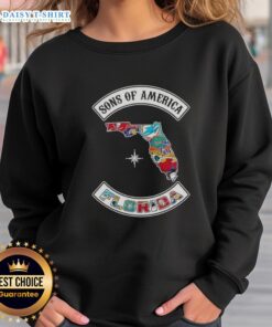 Alt Text: Florida map sweatshirt featuring sports logos for the Pretty Son of America collection, perfect for fans and comfort.