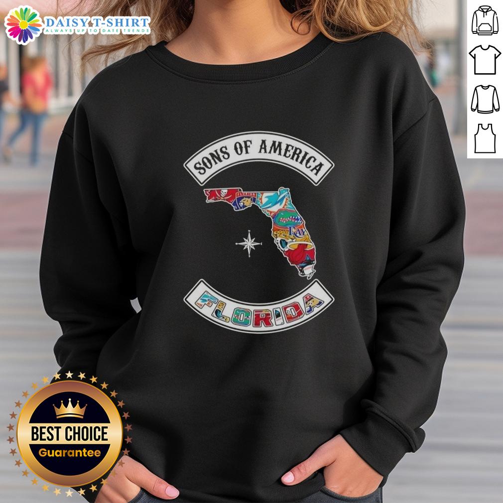 Pretty Son Of America Florida Map Sports Logos Combine Sweatshirt Alt Text: Florida map sweatshirt featuring sports logos for the Pretty Son of America collection, perfect for fans and comfort.