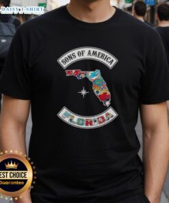 Alt Text: Pretty Son Of America Florida Map T-Shirt featuring sports logos, perfect for fans showcasing their state pride.