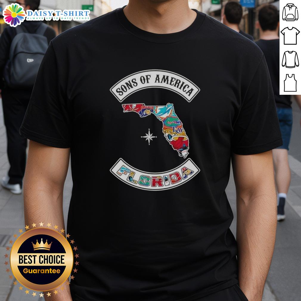 Pretty Son Of America Florida Map Sports Logos Combine T Shirt Alt Text: Pretty Son Of America Florida Map T-Shirt featuring sports logos, perfect for fans showcasing their state pride.
