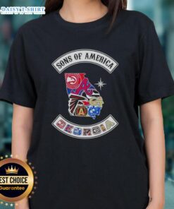 Alt Text: Pretty Son of America Georgia Map with sports logos on a ladies tee shirt design, perfect for Georgia sports fans.