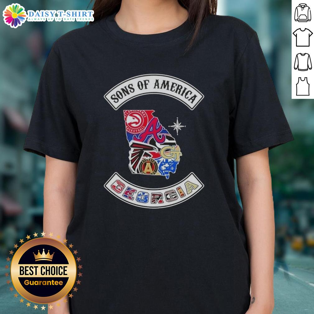 Pretty Son Of America Georgia Map Sports Logos Combine Ladies Tee Alt Text: Pretty Son of America Georgia Map with sports logos on a ladies tee shirt design, perfect for Georgia sports fans.