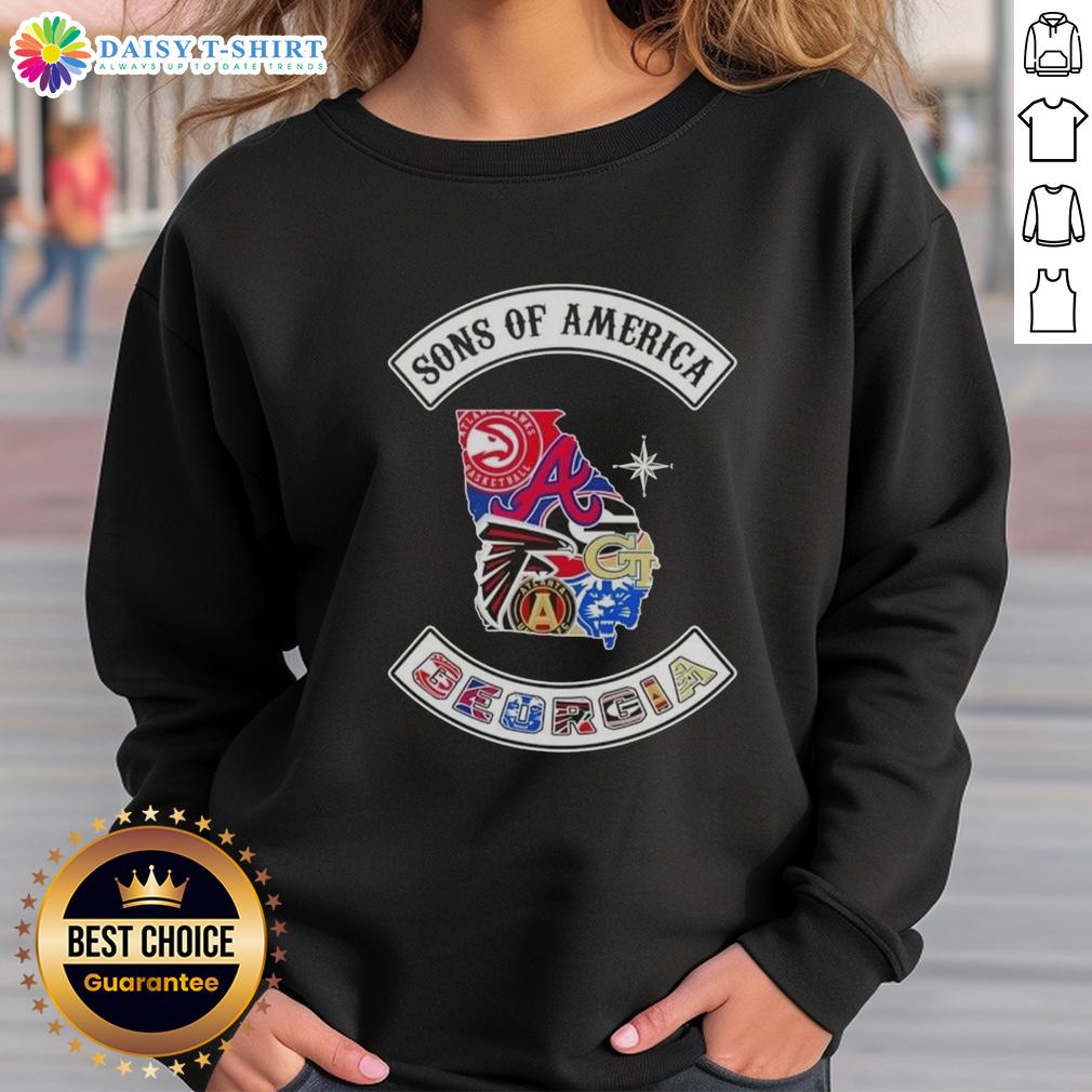 Pretty Son Of America Georgia Map Sports Logos Combine Sweatshirt Alt Text: Georgia map sweatshirt featuring sports logos, perfect for fans of the Pretty Son of America collection.