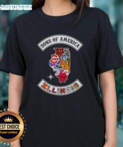 Alt Text: Illinois map with sports logos on a ladies' tee, showcasing team pride and style in the Pretty Son of America collection.