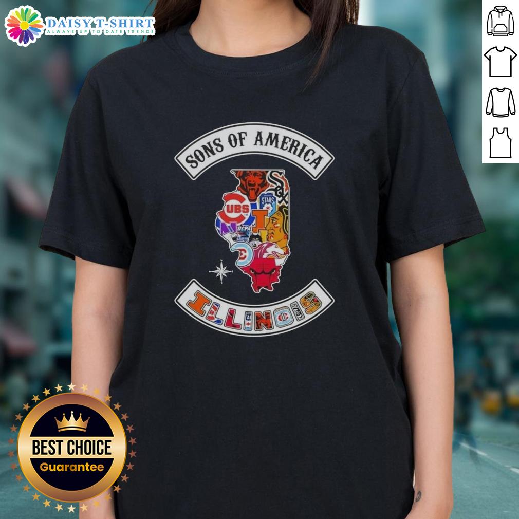 Pretty Son Of America Illinois Map Sports Logos Combine Ladies Tee Alt Text: Illinois map with sports logos on a ladies' tee, showcasing team pride and style in the Pretty Son of America collection.