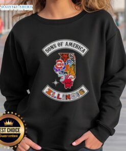 Illinois map sweatshirt featuring sports logos, showcasing the Pretty Son of America design in a stylish look.