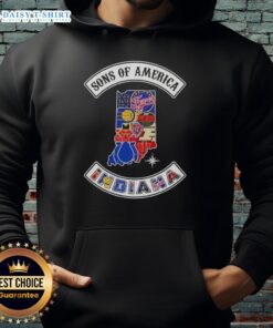 Pretty Son of America Indiana map sports logos combine hoodie design featuring vibrant graphics and state pride.
