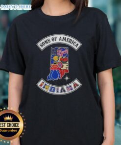 Alt Text: Pretty Son of America Indiana map with sports logos on a ladies tee, perfect for fans and casual wear.