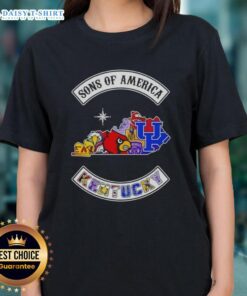 Alt Text: Kentucky map with sports logos on a ladies tee, showcasing the Pretty Son of America design.