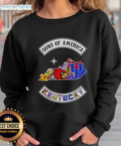 Alt Text: Kentucky map sweatshirt featuring sports logos, showcasing the Pretty Son of America design in vibrant colors.
