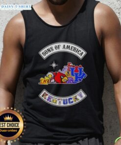Alt Text: Stylish Pretty Son of America Kentucky map sports logos combine tank top showcasing vibrant designs and state pride.
